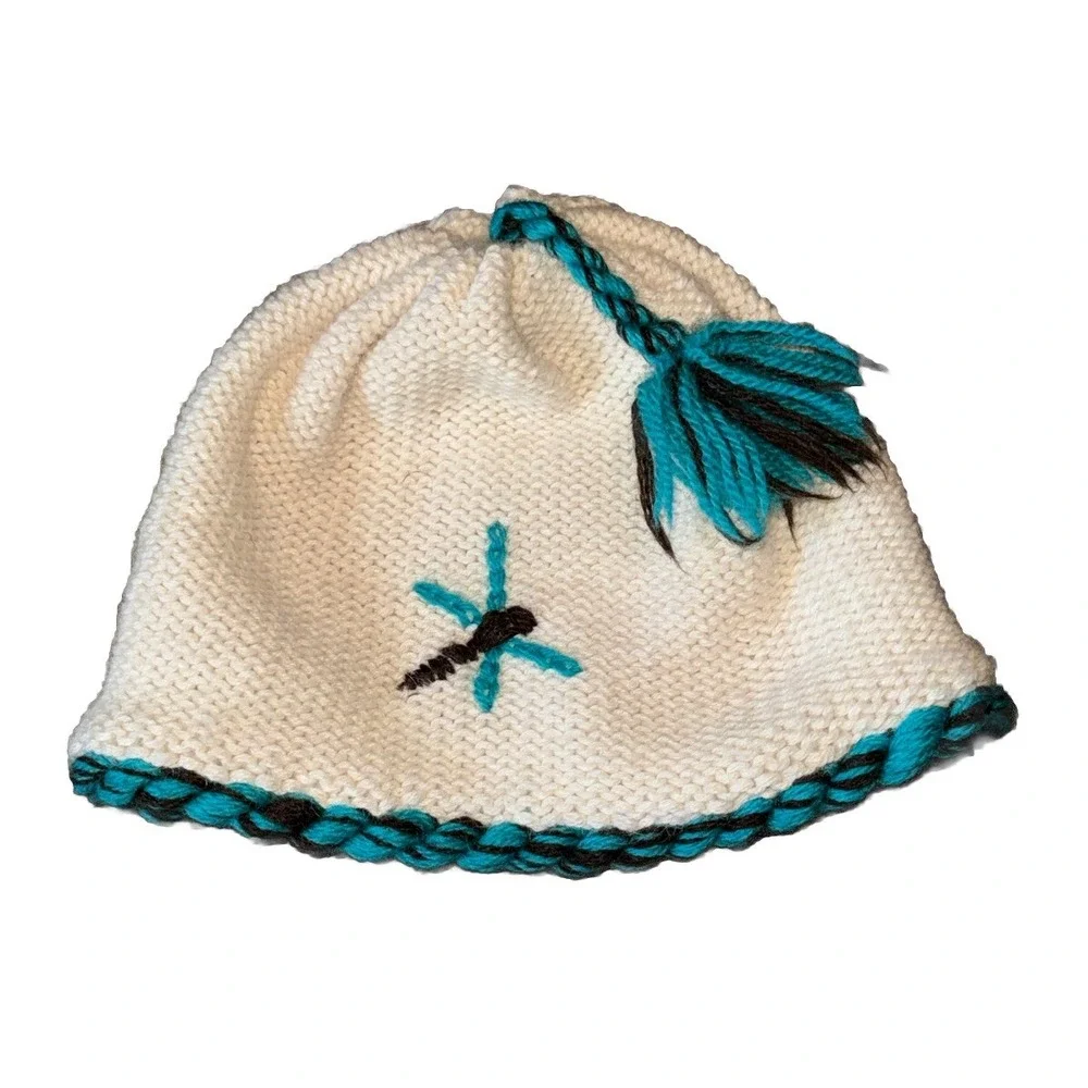 Dohm Icebox Beanie Hat Alpaca Tassel Dragonfly Ivory Teal Winter Lined USA OS